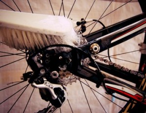 Clean your bike chain with a brush and detergent. 