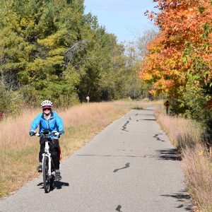 Here this cyclist is enjoying Minnesota's peak riding time on the Paul Bunyan Trail.