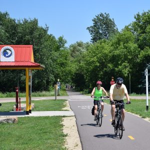 Another beautiful day on the Browns Creek Trail. Here in this photo a couple of cyclist enjoy a gradu;le trail ride up out of stillwater, MN to connect to the Gateway Trail to easily make it to St. Paul.