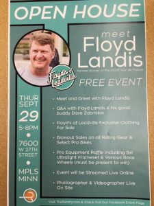 Meet Floyd Landis at The Racery Open House Event that Introduces Floyd's Leadville Apparel. Join him and David Zabriskie in Minneapolis on September 29th.