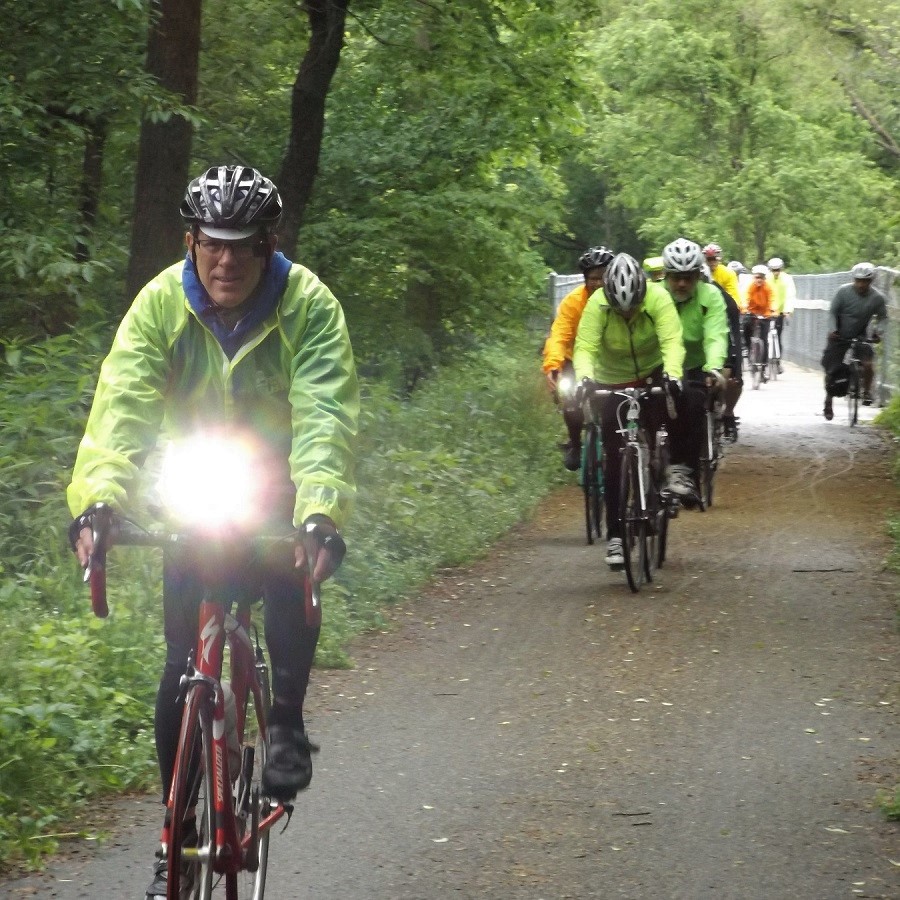 Lights are essential to make sure you have the safest ride possible. Here in this photo Brian Will, from Iowa's Cedar Valley Cycling Club lead a safe ride using trails and roads near sunset.