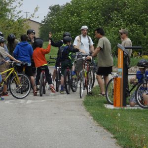 A Twin City Boy Scouts group preparing to roll down the Root River Trail, out of Fountain, MN