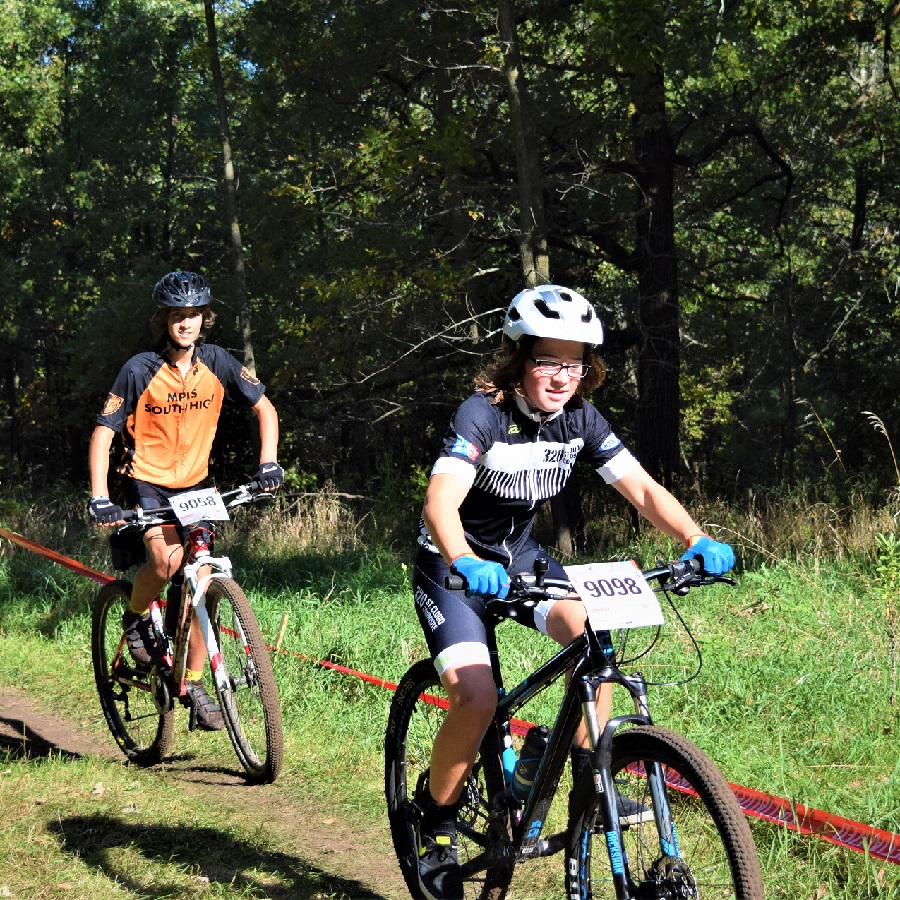 Students compete on the Jail Trail, Near St Cloud MN, on a Minnesota High School Bicycle League, a part of the National Interscholastic Cycling Association.