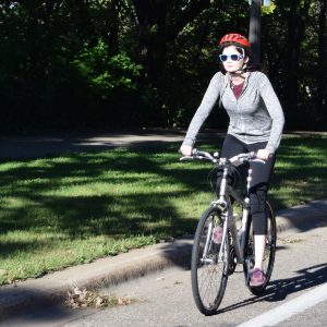 We caught this cyclist as she was riding the Mississippi River Trail in St Cloud, MN.