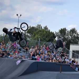 This bike pic, Wheelie Wednesday, we thought it would be fitting to show a picture of the BMX'rs from The Ride Factory. They performed some high-rising stunts right in front of an audience last year up at the X-Zone, up on Machinery Hill, at the Minnesota State Fair.