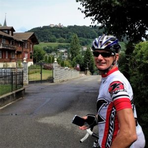 Steve taking a minute to enjoy the town of Stein Am Rhine on our way to Germany