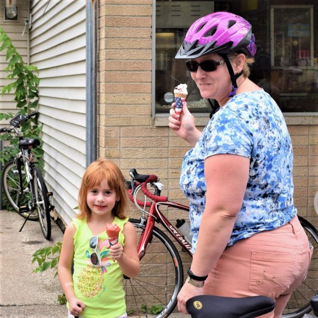 On this ice cream smiles Sunday, #twenty-second of #30DaysofBiking in April, we look back at a sunny day when these two biker chick stopped in the town of LaCrosse, WI, along the Mississippi River Trail (MRT) to enjoy a cool sweet treat.