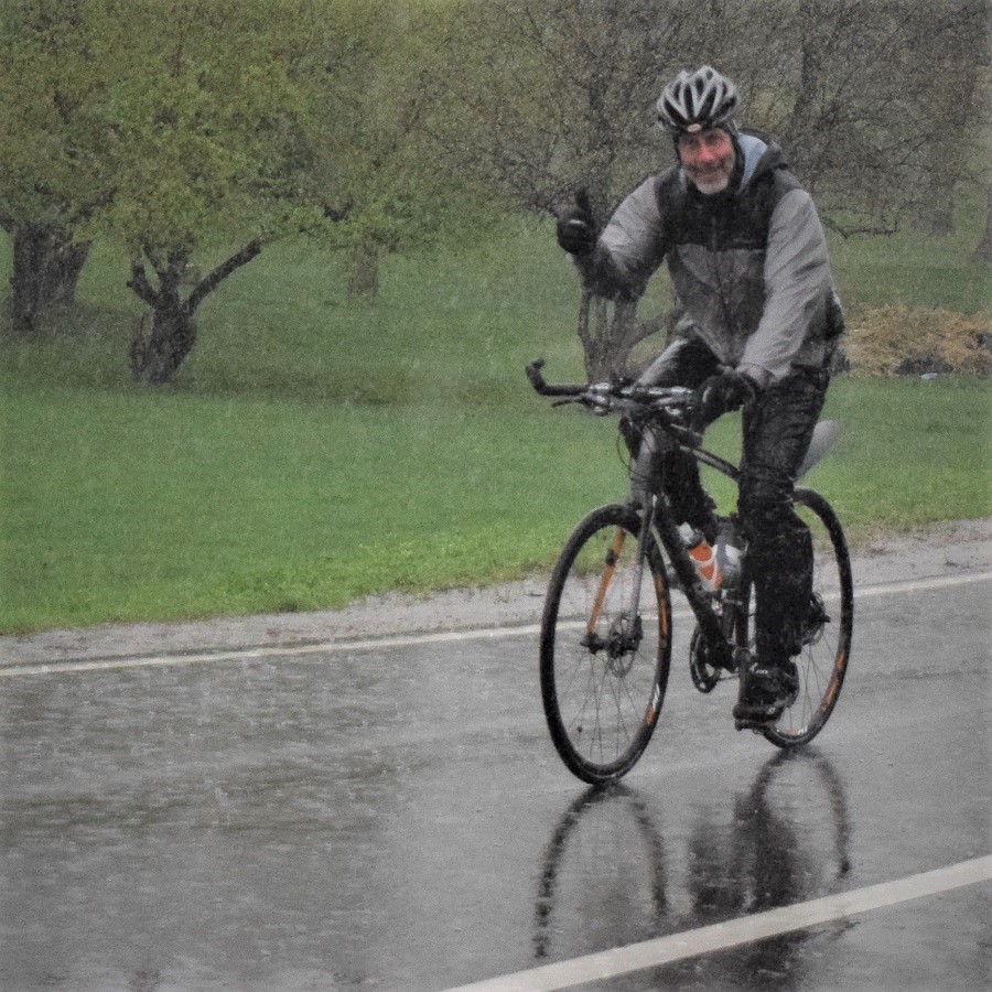 In inclement weather and rain, when cycling, wear a light wicking layer under your rain gear and have a dry layer tucked away if you become wet.