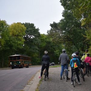 Here stopping on this bridge, where the streetcar tracks run below, the group had a chance to see a modern day trolley pass by.