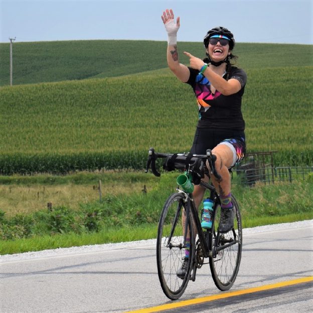 This Bike Pic Thursday, digging through the summer archives we found this biker chick enjoying the Iowa countryside, on RAGBRAI, while showing us her bandaged wrist from a previous injury. 