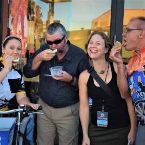 On this bike pic Sunday, we found this group of bikers enjoying a tasty sandwich treat on a  stop at a local shop when riding around San Diego.