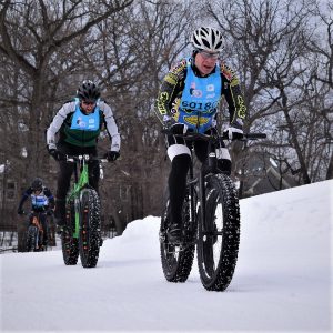 This Bike Pic Friday, with several inches of snow to cover the ice on the trail, having some fun. Maybe taking in a race?