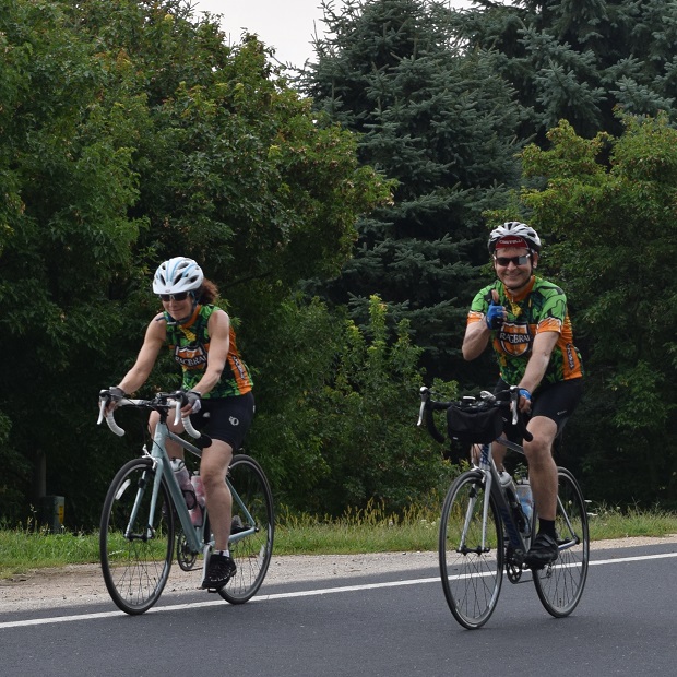 Two riders cruising the Root River bluffs, in Southeast Minnesota, training for RAGBRAI, in Iowa.