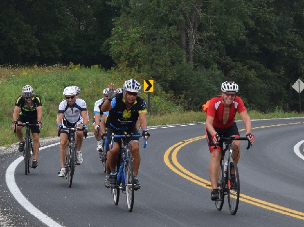 A group riding the scenic roads out of Houston, one of the Root River Trail Towns in Minnesota.