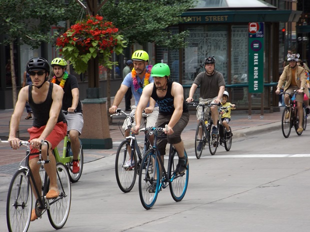 Riders in the Tour de Fat parade down the Nicolett Mall, Minneapolis. (2014)