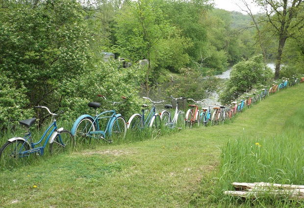 A bike fence along the Root River, at the edge of Lanesboro, MN